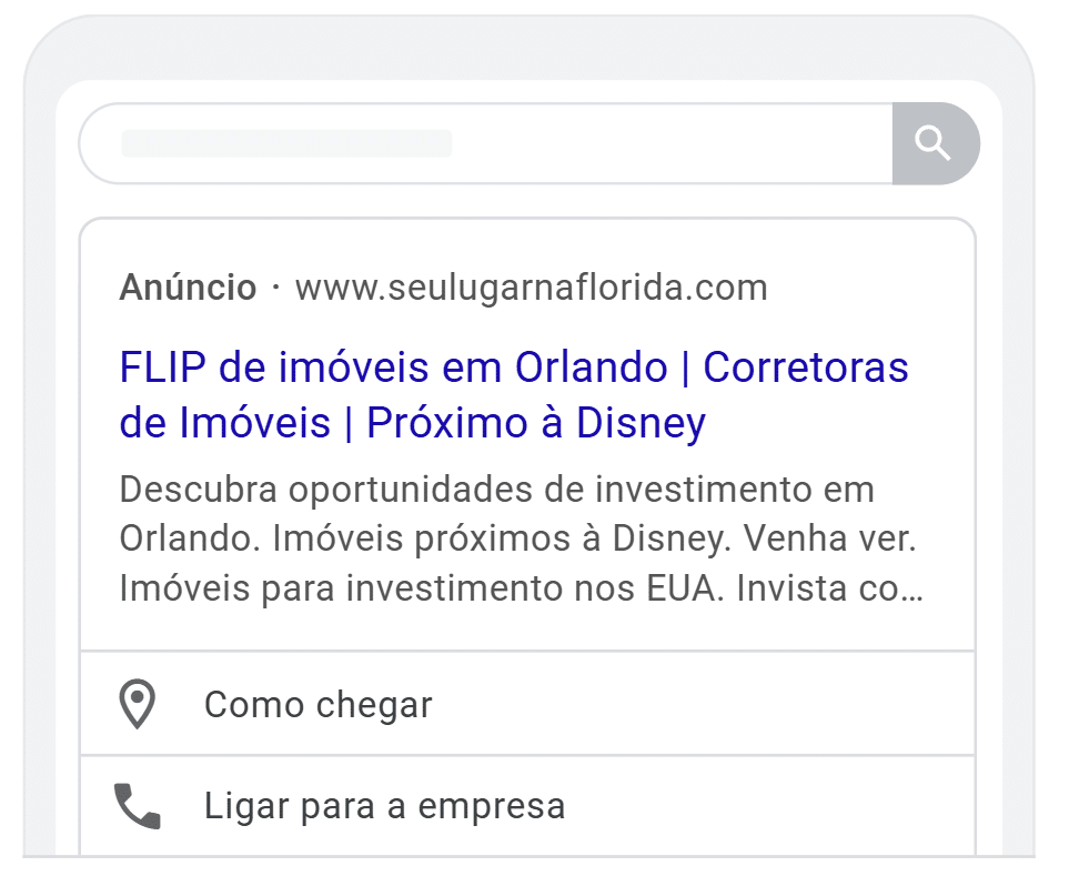 Anúncio Google ADs Corretoras de imóveis em Orlando